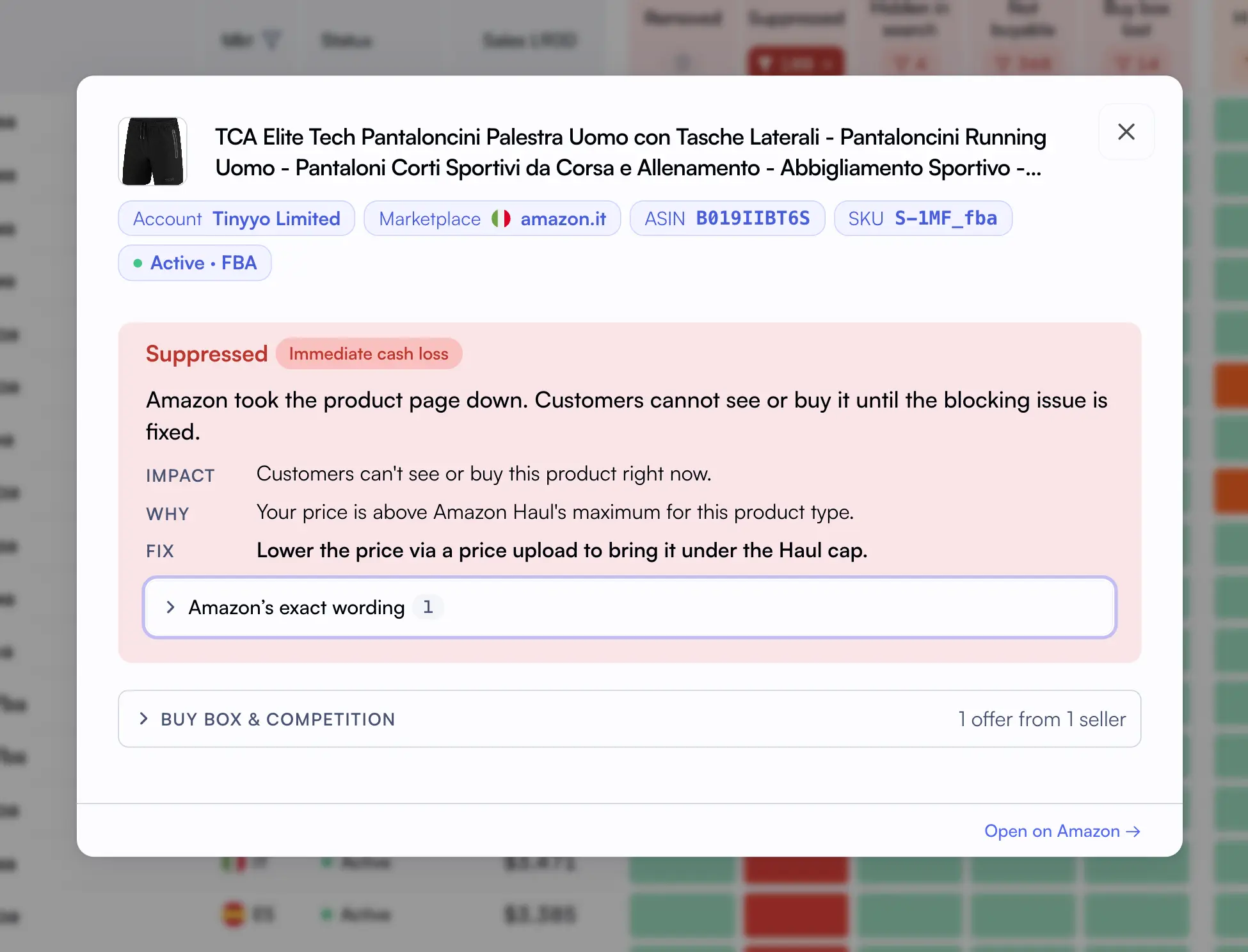 Nova SKU drill-down: suppressed listing on amazon.es with impact, cause and fix explained in plain language