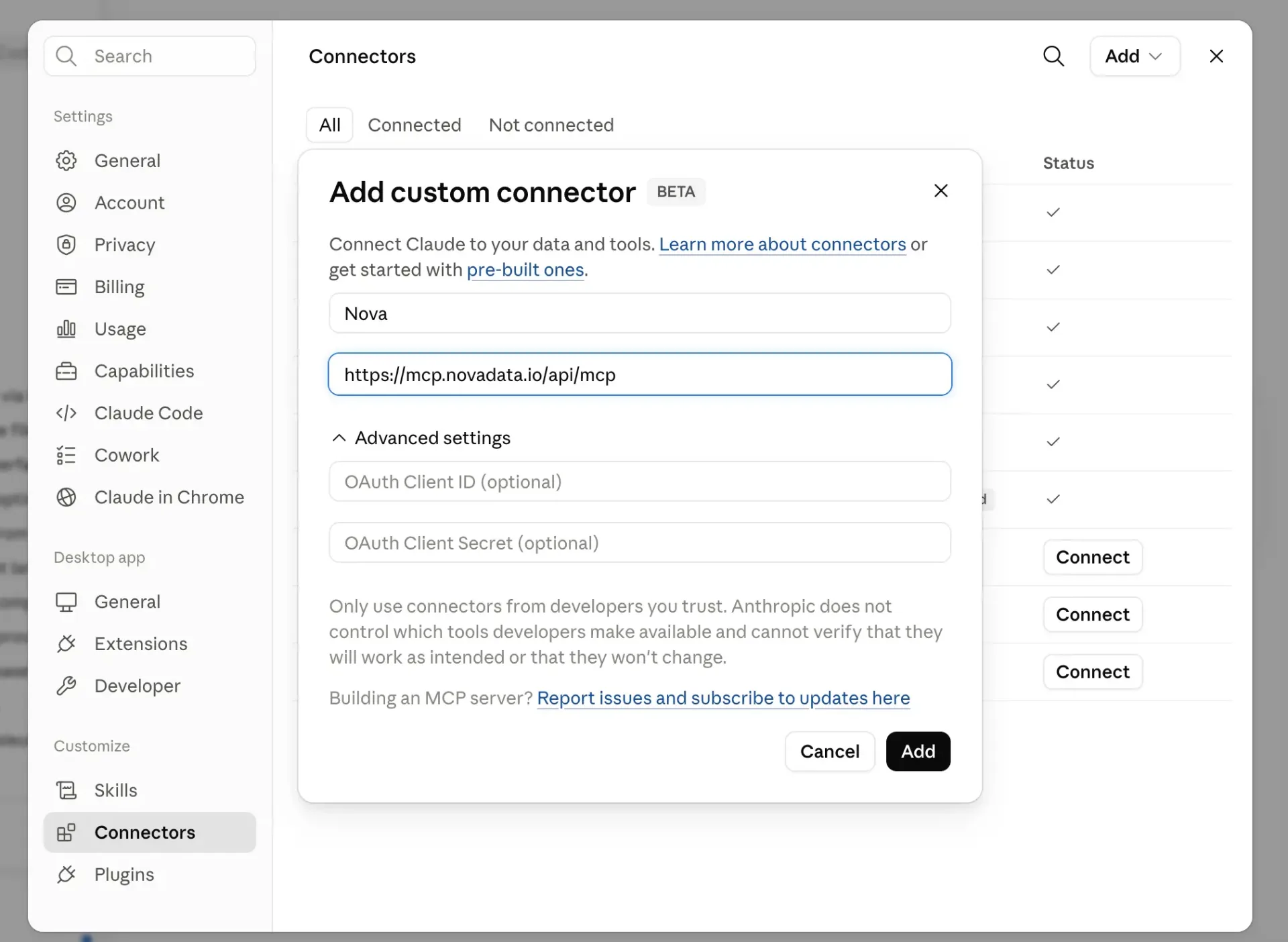 Claude Add custom connector modal with Nova name and MCP server URL filled in