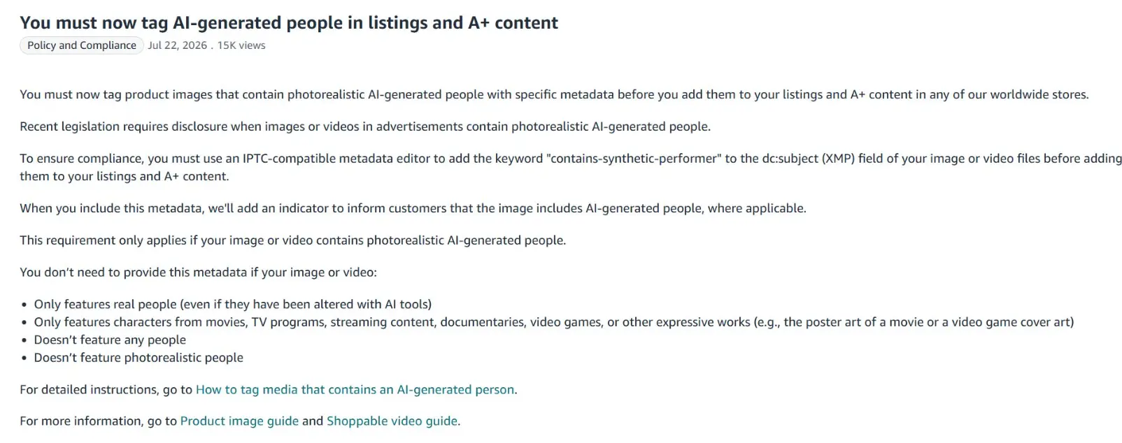 Amazon Seller Central policy notice requiring sellers to tag AI-generated people in listings and A+ content, dated July 22, 2026