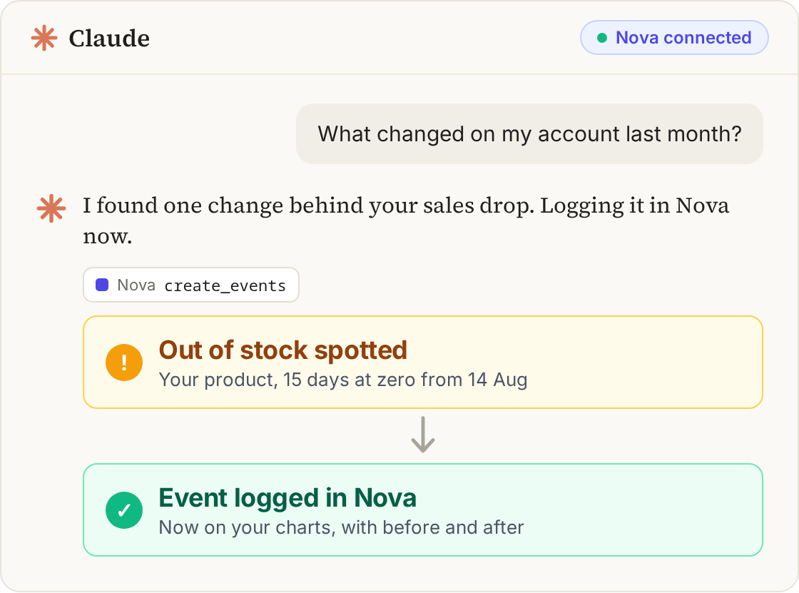Claude with Nova connected, answering a question and logging an event.