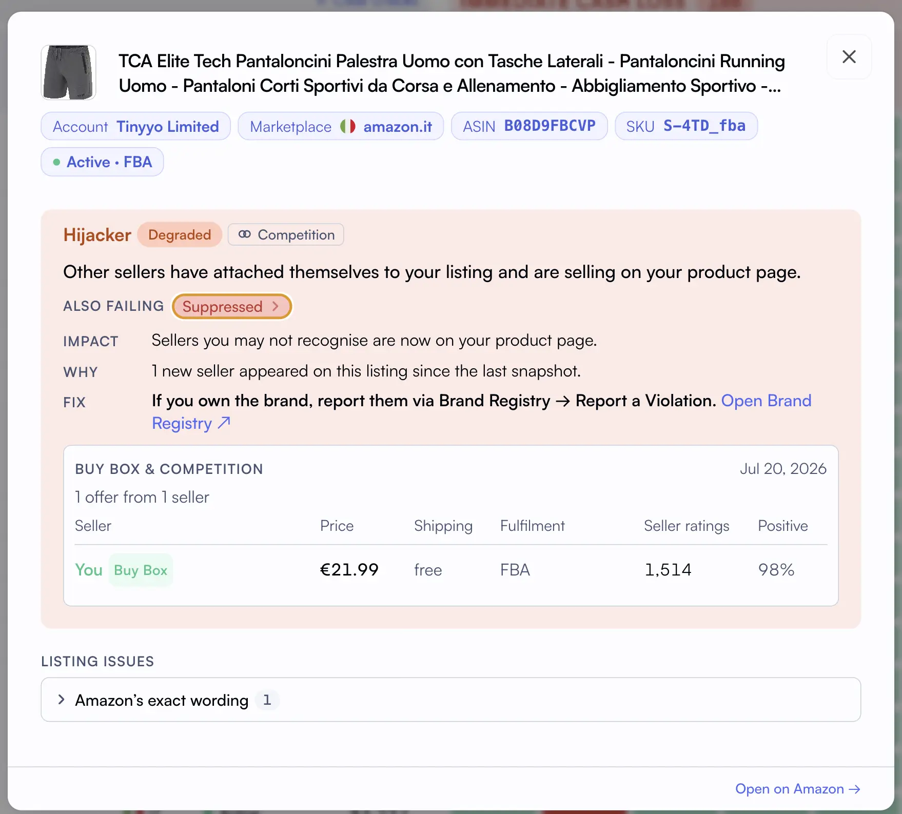Nova hijacker drill-down: Buy Box competition table with seller ratings and direct Brand Registry report link