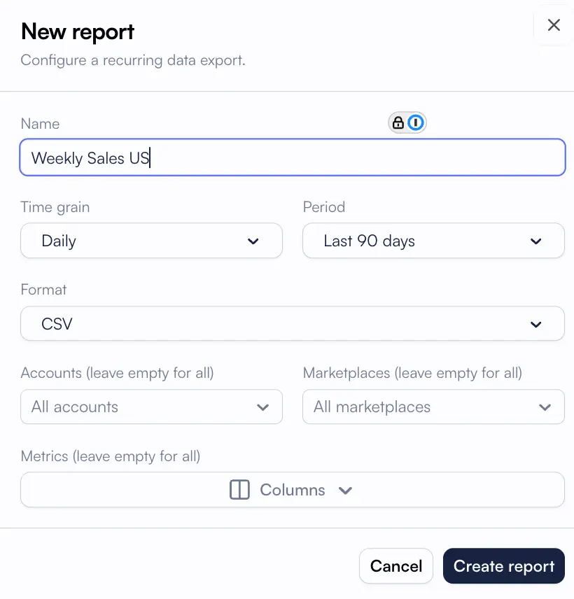 Nova report creator interface showing export configuration