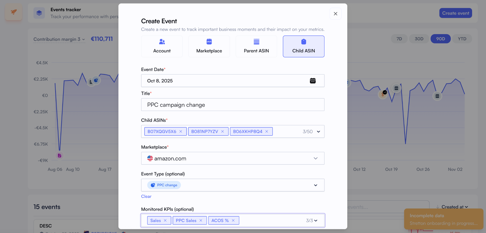 Nova A/B test creation screen with variant A and B setup