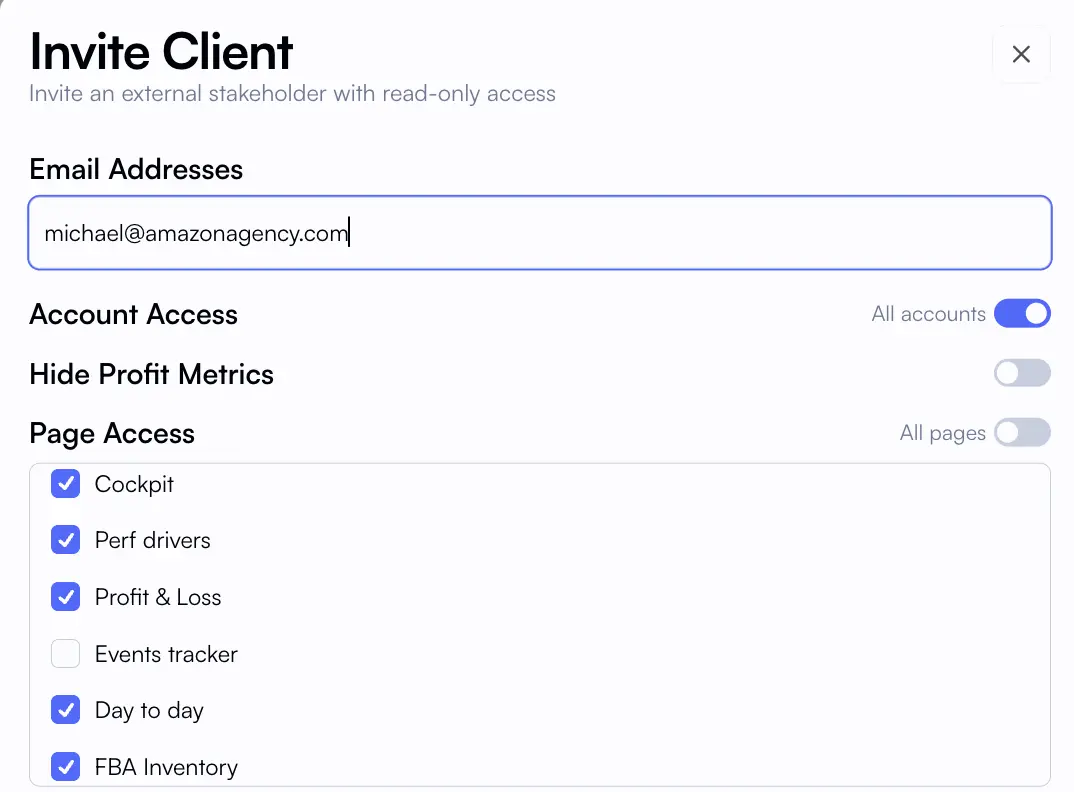 Nova invite client panel with granular account access, profit metric hiding, and page-level permissions