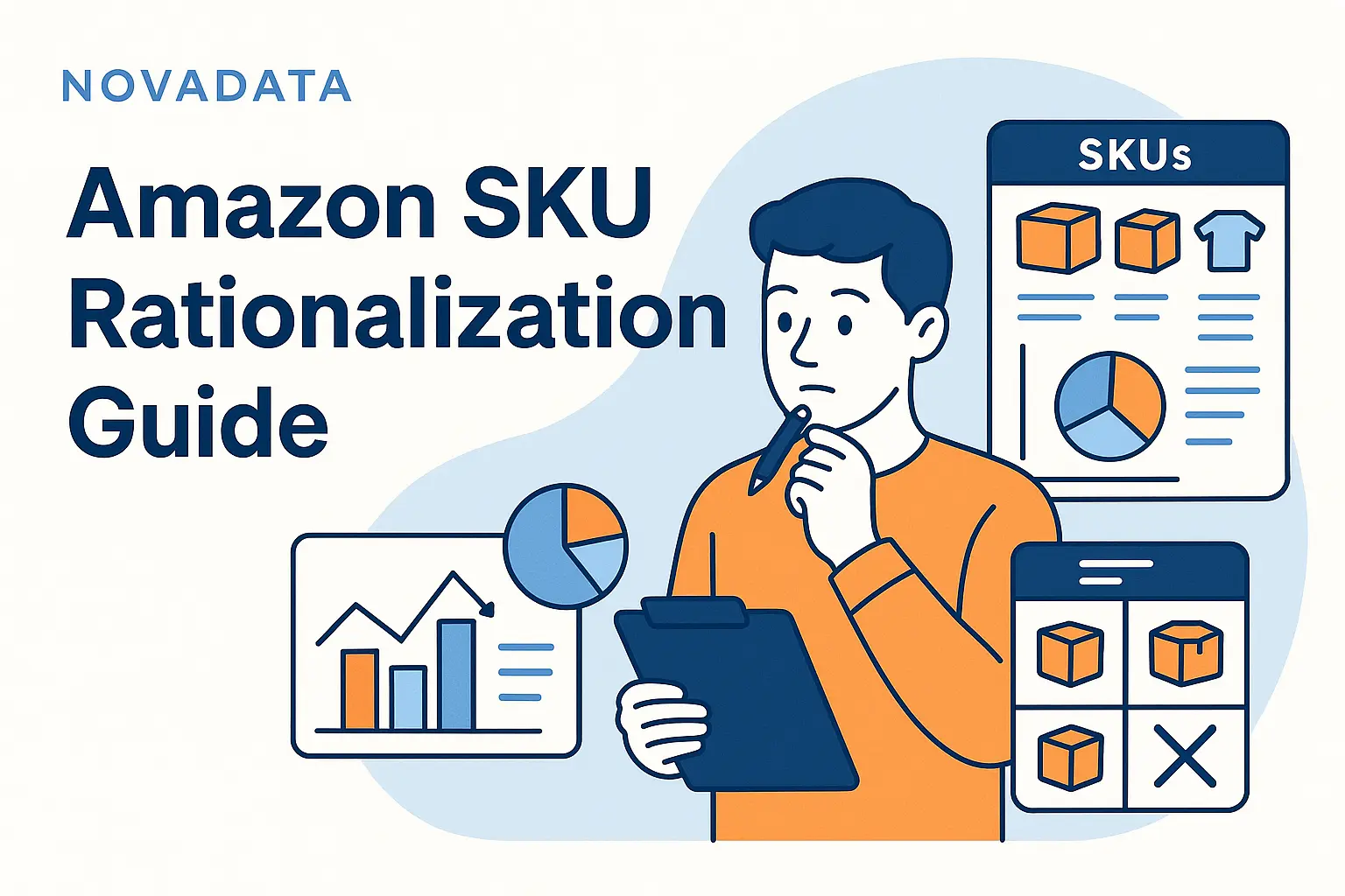 Amazon SKU Rationalization Guide - Seller analyzing product portfolio with charts showing SKU performance metrics