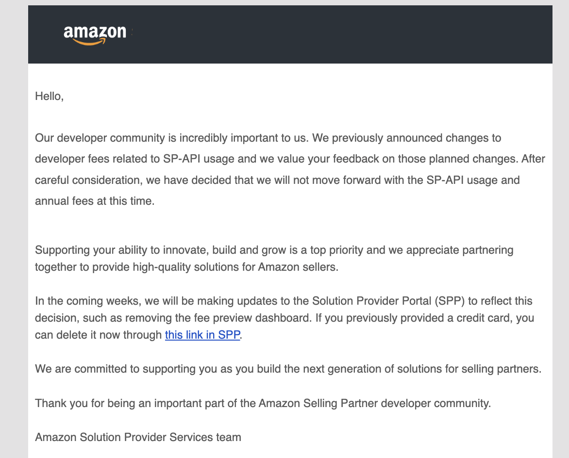 Amazon Solution Provider Services email confirming SP-API usage and annual fees will not move forward, dated May 12, 2026