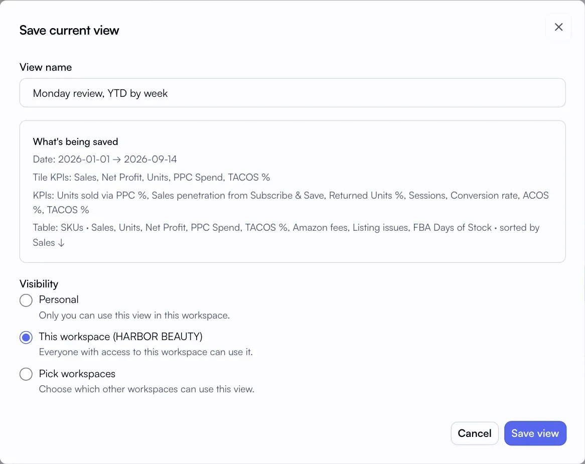 Save current view dialog with a view name, the saved dates, tiles and table, and visibility set to personal, this workspace or chosen workspaces