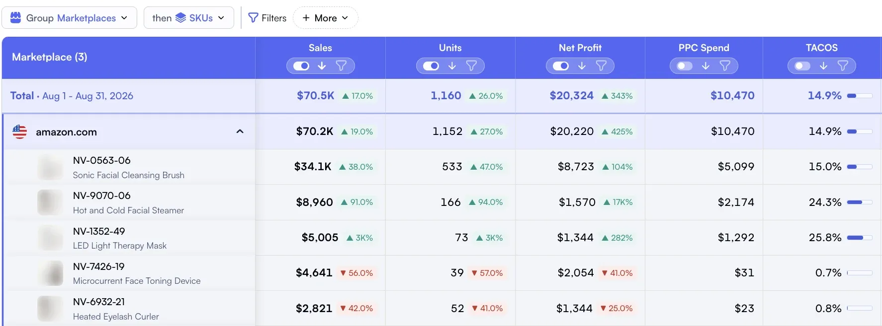 Amazon sales dashboard table grouped by marketplace then SKU with sales, units and net profit and their change, PPC spend and TACOS
