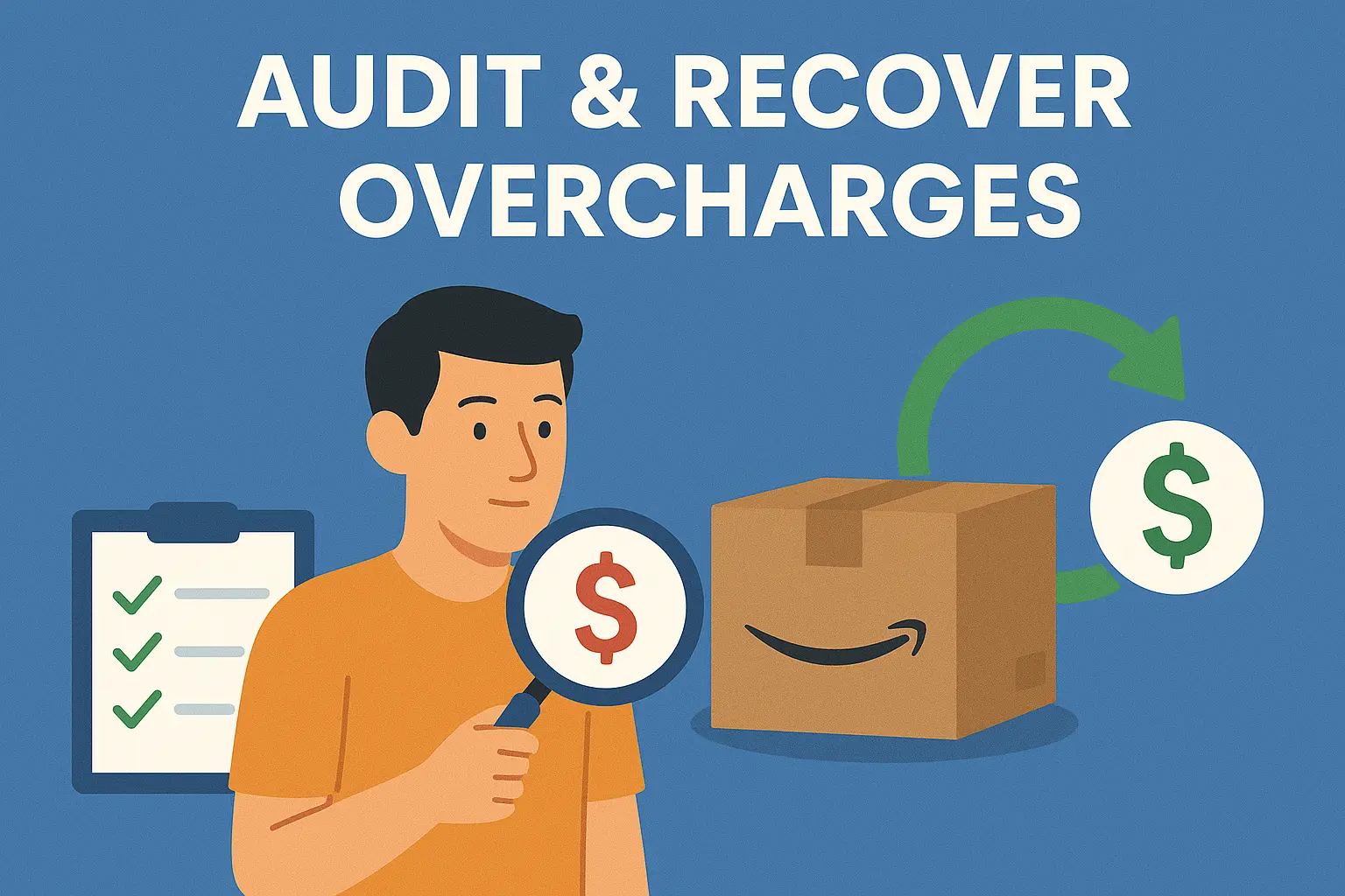 Amazon seller auditing FBA fees with checklist and magnifying glass to identify and recover fee overcharges and billing errors