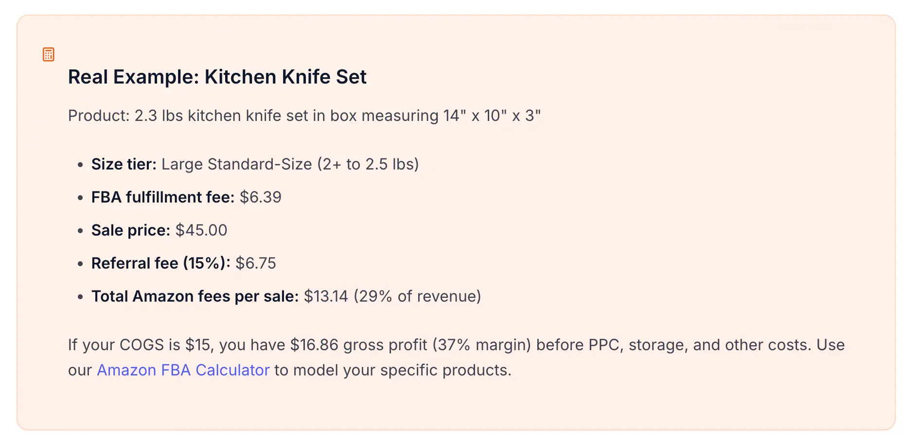 Real FBA fulfillment fee calculation example for kitchen knife set showing size tier, fees, and profitability breakdown