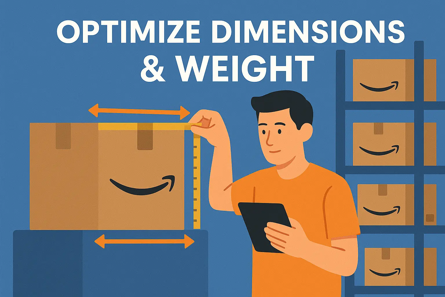 Amazon seller measuring package dimensions and weight with measuring tape to optimize FBA size tier classification and reduce fulfillment fees