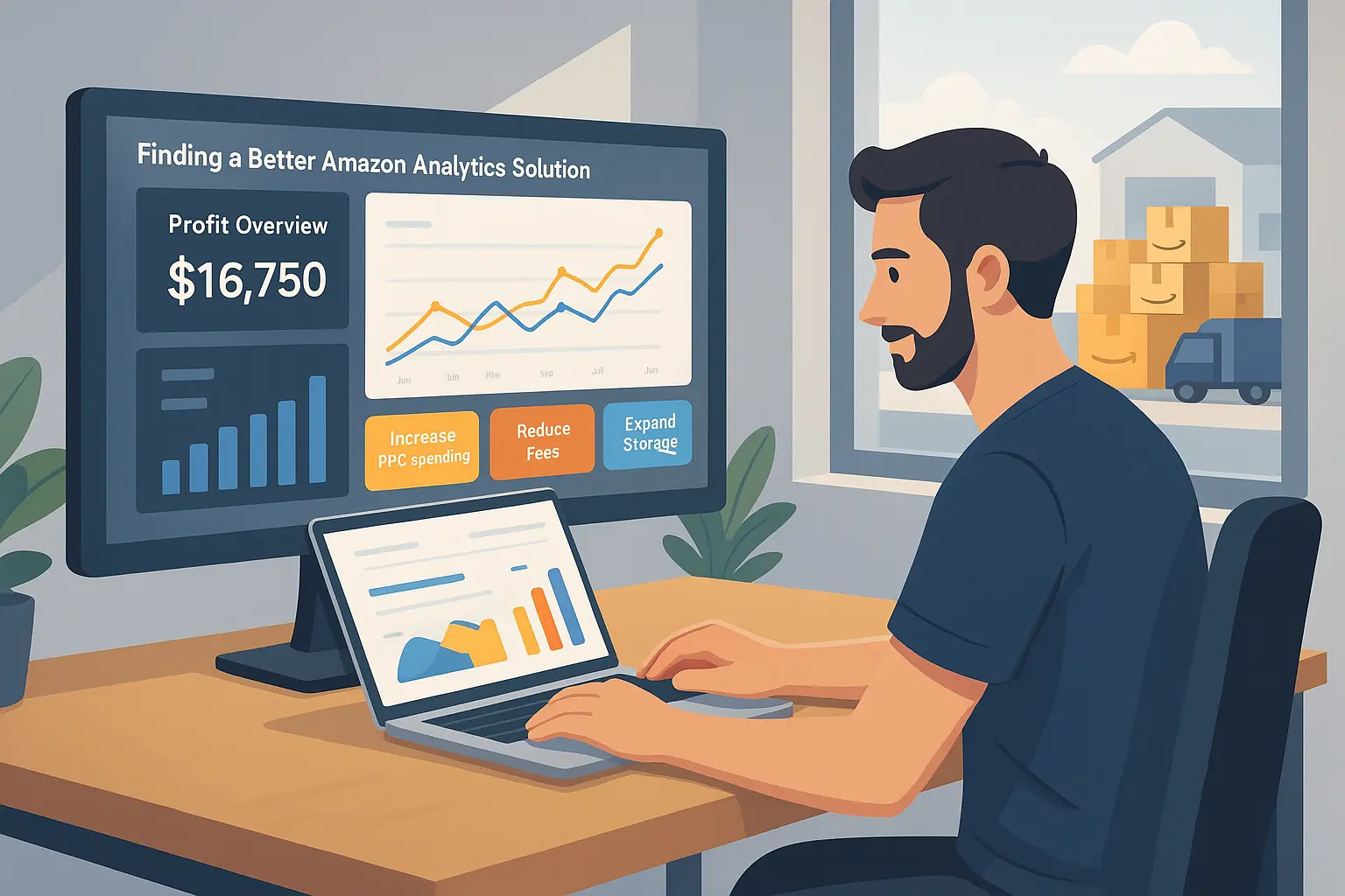 Amazon seller analyzing near real-time profit analytics on Nova dashboard showing profit overview with actionable insights for PPC spending, fee reduction, and storage expansion