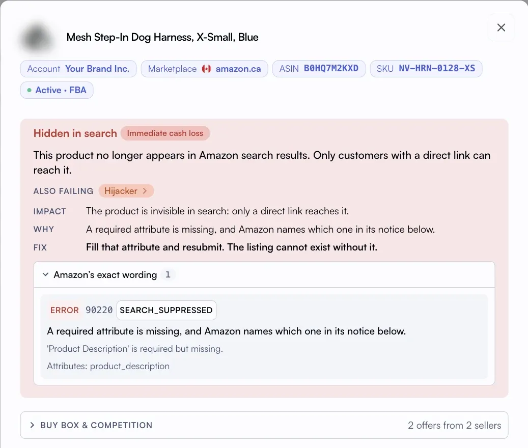 Nova listing detail for a listing hidden in Amazon search, with Amazon's exact wording expanded showing error 90220, SEARCH_SUPPRESSED and a missing product description