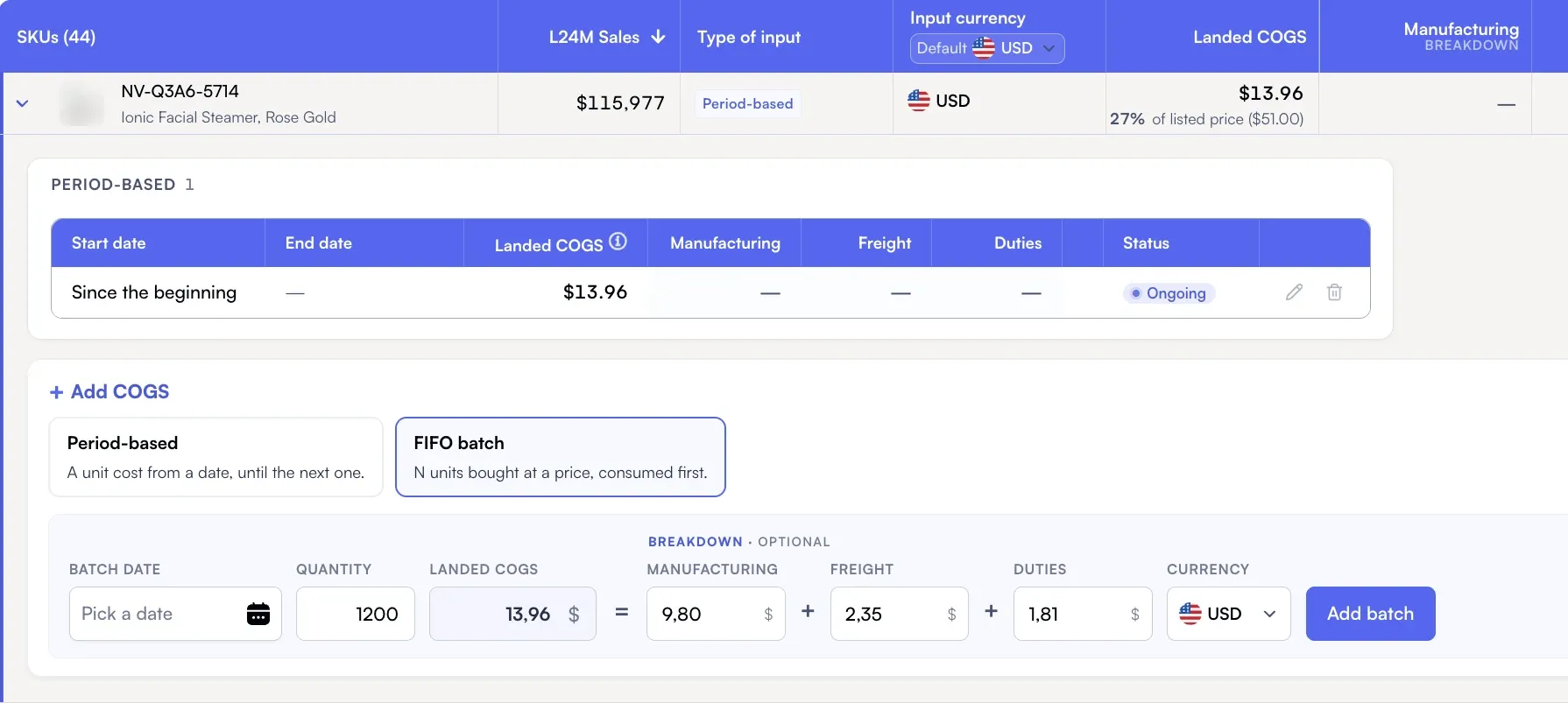 Adding a FIFO batch of cost of goods for one SKU with quantity, landed cost, manufacturing, freight, duties and currency