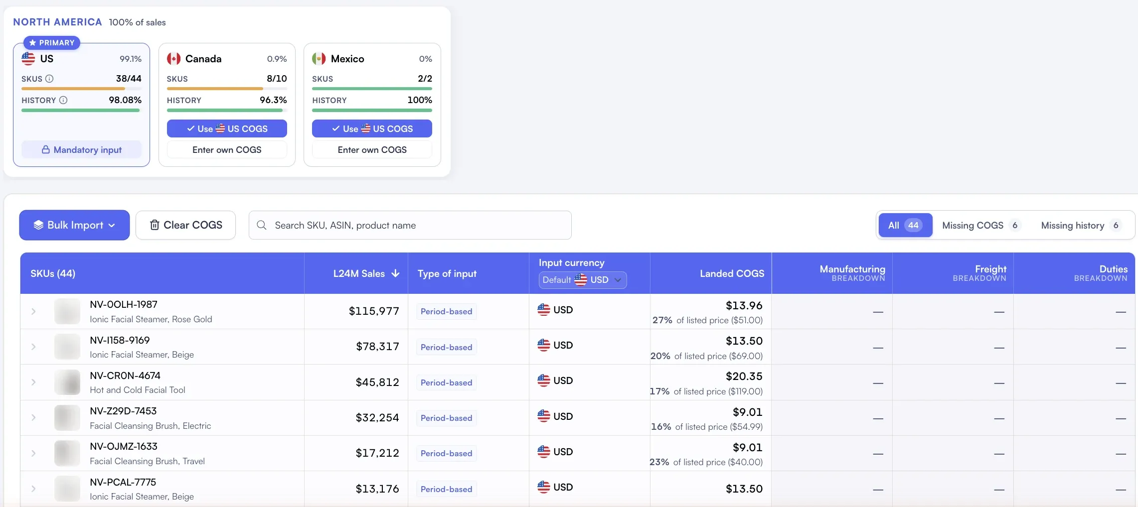 Amazon COGS inputs by cost region for the US, Canada and Mexico with SKU and history coverage, and a SKU table with sales, input type, currency and landed cost as a share of listed price