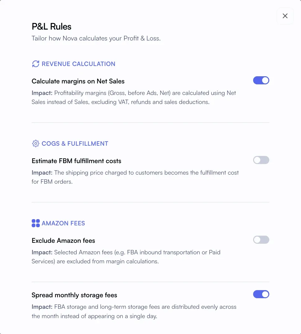 Nova P&L Rules with settings to calculate margins on net sales, estimate FBM fulfillment costs, exclude Amazon fees and spread monthly storage fees
