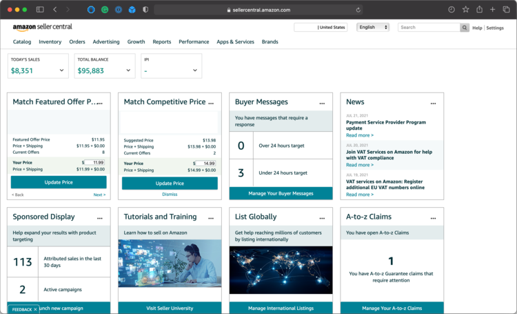Amazon Seller Central home dashboard showing sales metrics, order management, and key performance indicators for 3P sellers