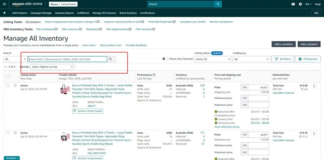 Seller Central inventory management interface showing product search, FBA inventory levels, and inventory health metrics for complete visibility and control