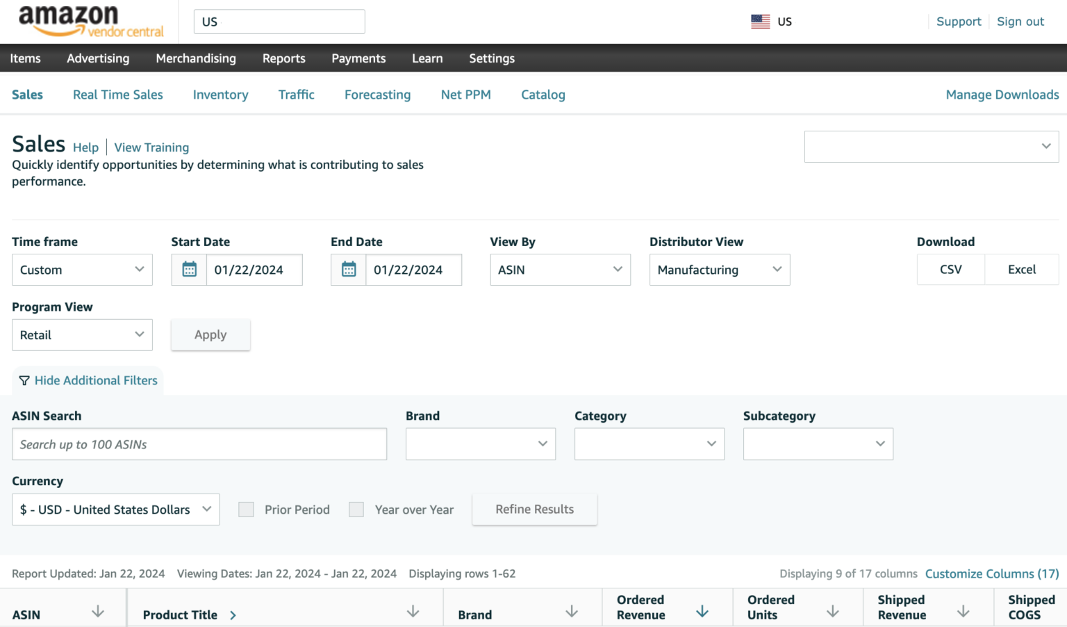 Amazon Vendor Central dashboard showing sales reports, inventory management, and analytics interface for 1P vendors