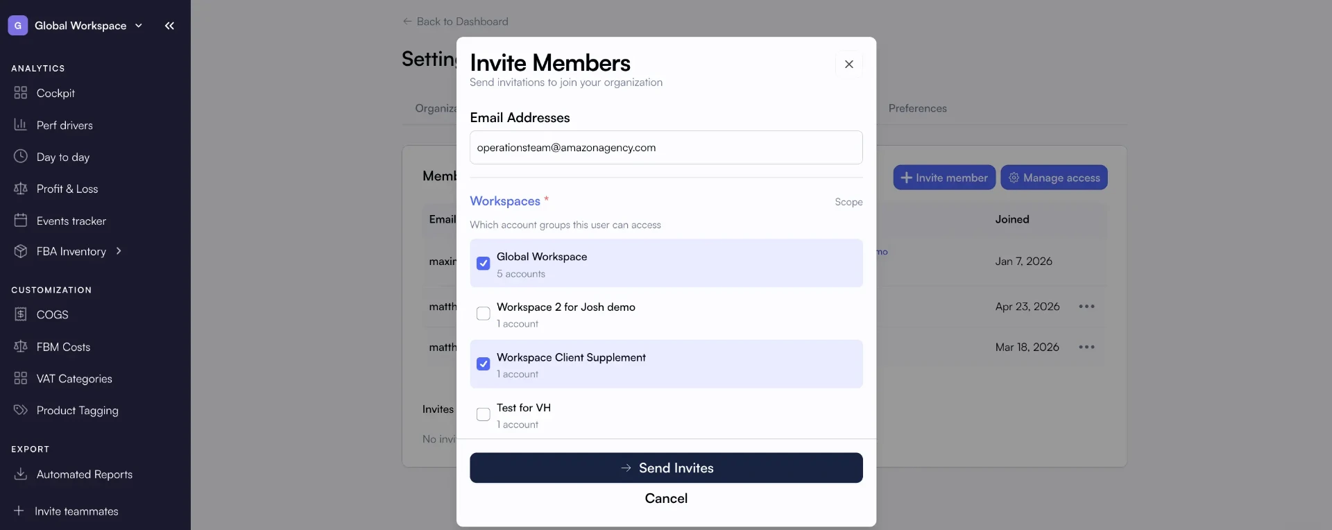 Nova invite members modal scoped to specific workspaces