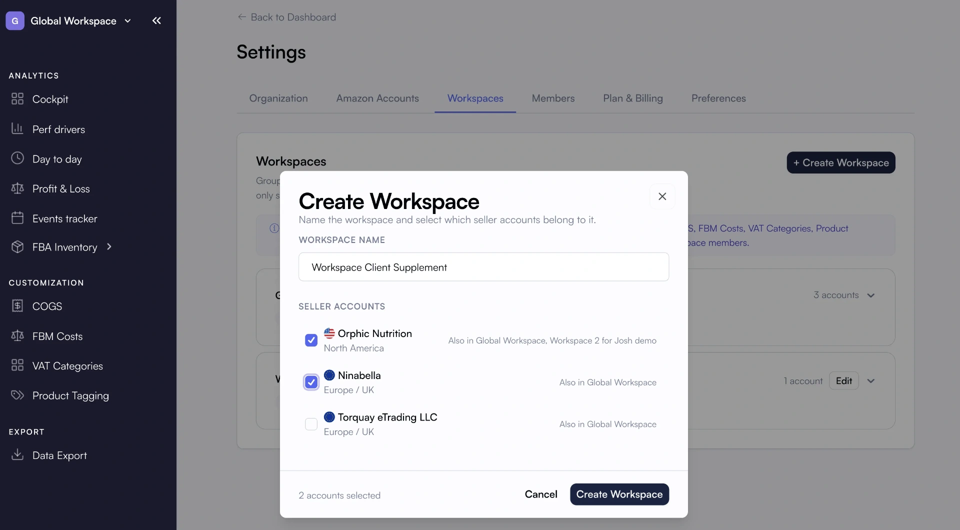 Nova Workspaces: create a workspace and group the right Seller Central accounts
